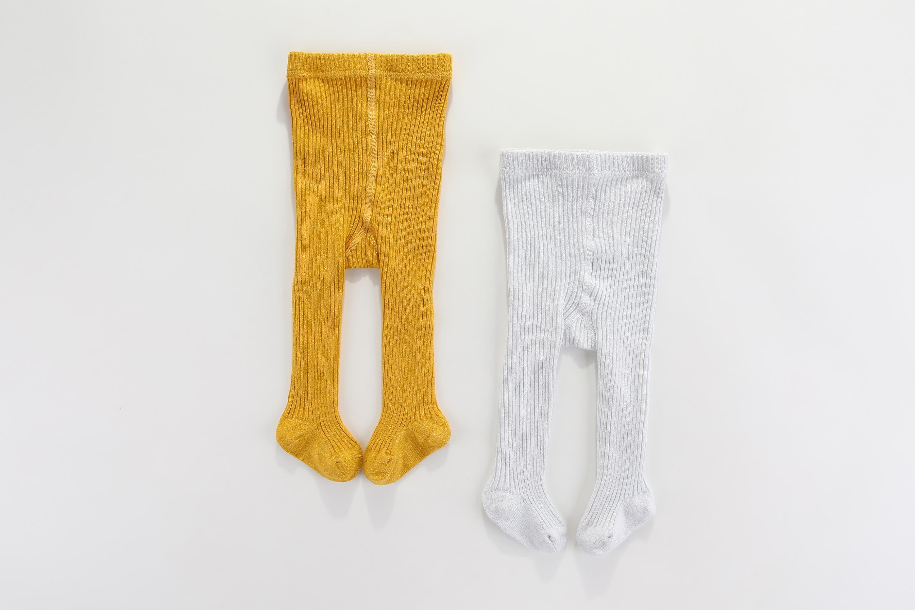 GOLDEN MUSTARD & WHITE SILVER thread cotton ribbed tights:  2-3Y, 3-4Y, 4-5Y, 5-6Y, 6-8Y
