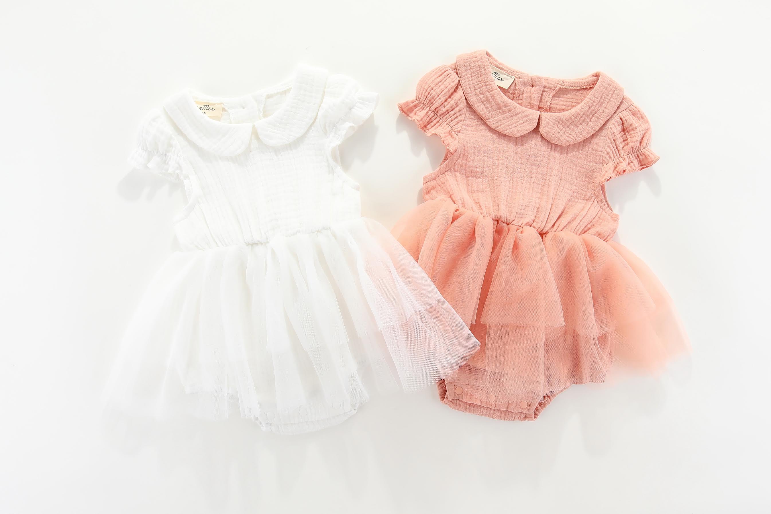 Siena Short Sleeve Tutu Romper: pink or white 0-6M, 6-12M, 1-2Y, 2-3Y