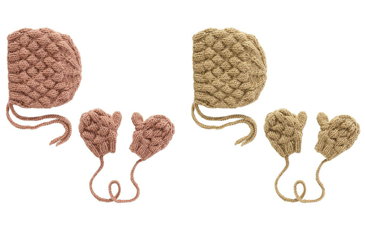 Chloe Set: hand-knitted bonnet and matching mittens & gloves: cream or dusty colour