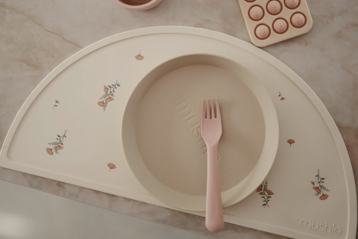 Mushie Dinnerware Fork and Spoon Set: sage, blush, vanilla, ivory