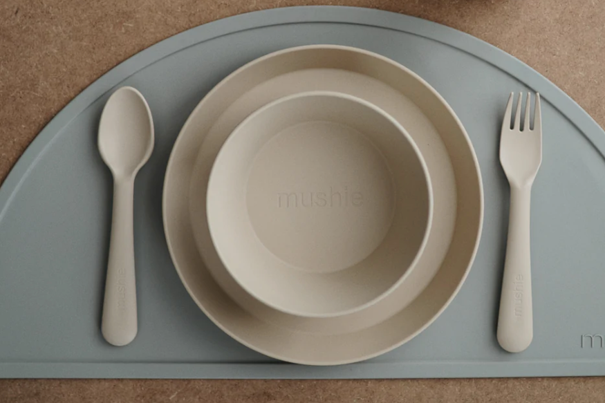 Mushie Dinnerware Fork and Spoon Set: sage, blush, vanilla, ivory