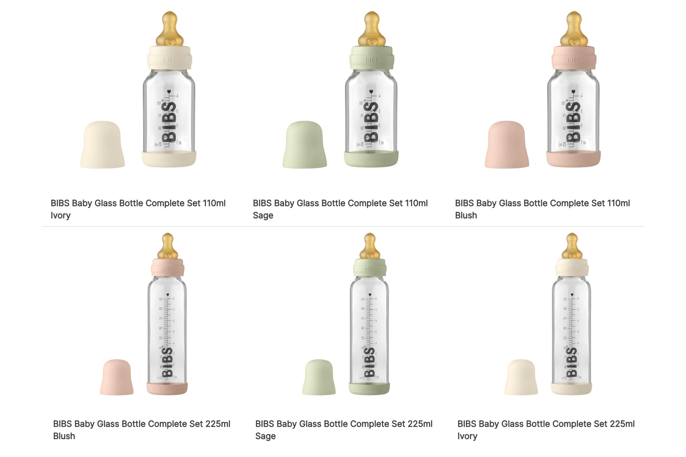 BIBS Baby Glass Bottle Complete Set 110ml or 225ml Blush, sage, ivory